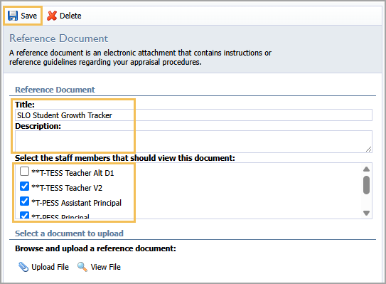 Reference document upload interface for SLO Student Growth Tracker with staff selection options.